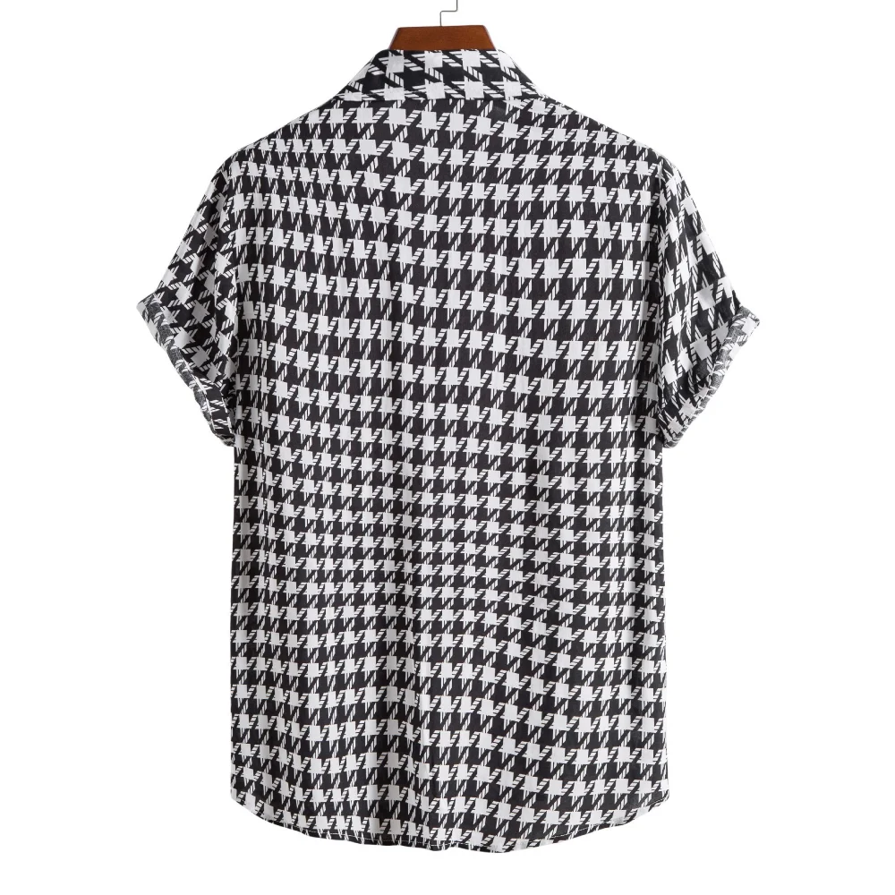 Men's Shirt Summer Leisure Ethnic Cotton Blend Shirt Houndstooth Plaid Print Lapel Short Sleeve Shirt Streetwear Camisas Tops