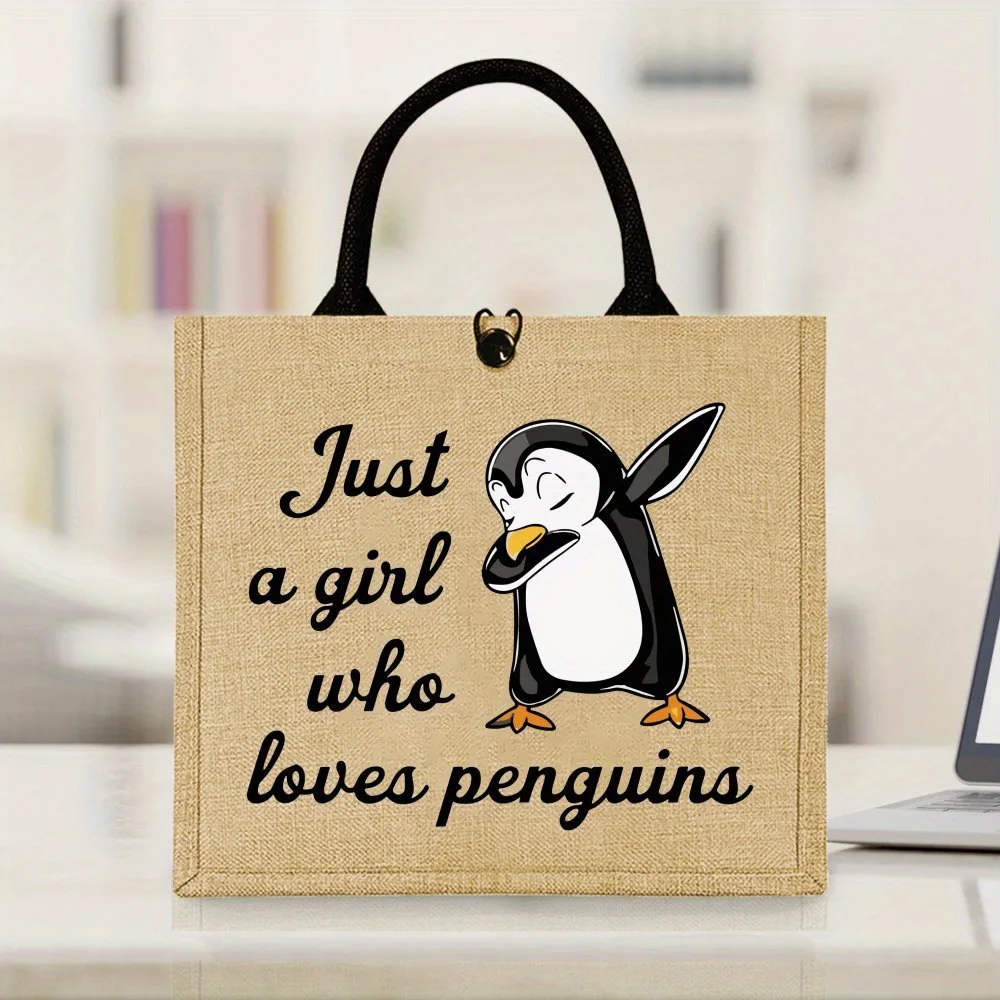 Cute Penguin Quote Linen Tote Bag Just A Girl Who Loves Penguins Print Reusable Shopping Handbag Large Capacity Ladies Shoulder