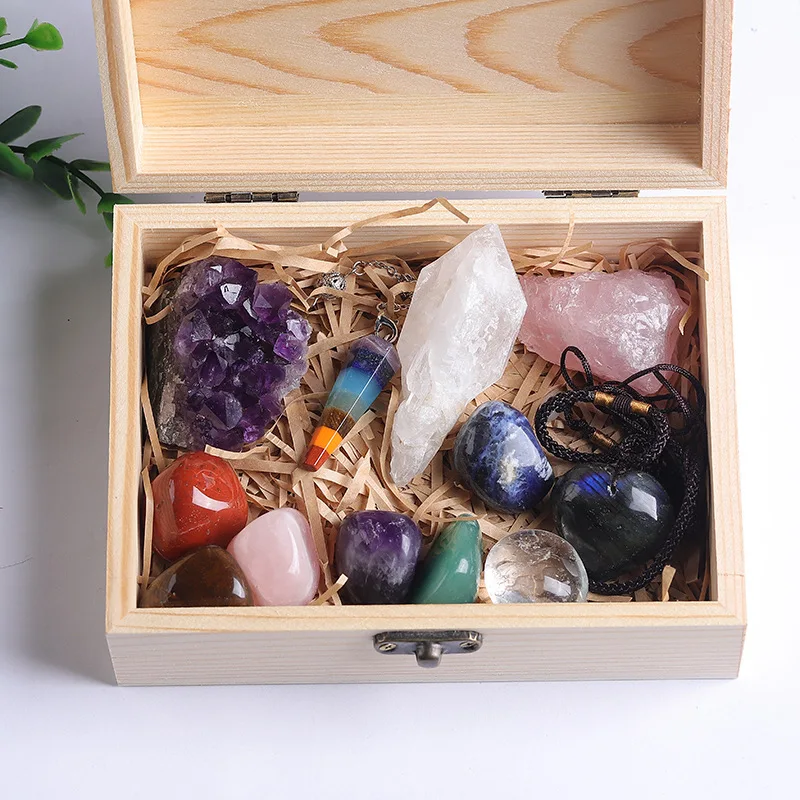 Natural Amethyst Cluster Quartz Crystal Mineral Specimen Healing Stones Rough Ore Seven Chakras Therapy Stone Wooden Gift Box