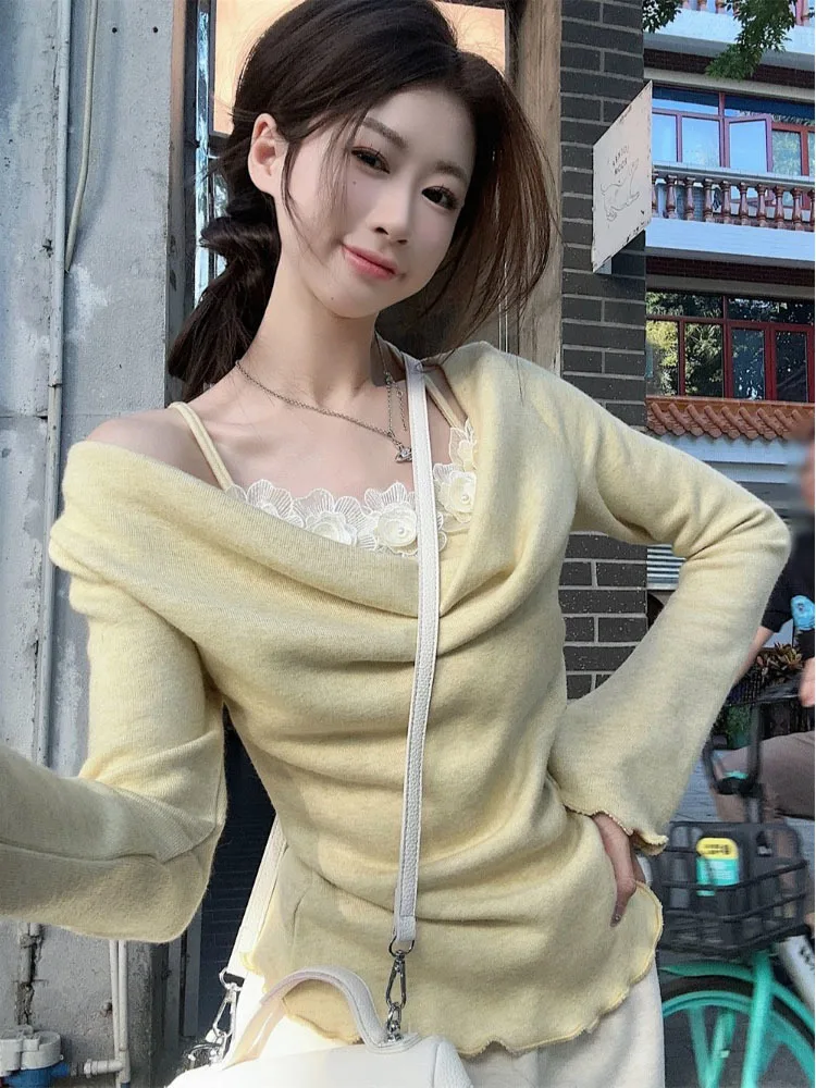 Fake Two Piece Off-shoulder Sweater Women Pure Design Wind Three Dimensional Flower Sweaters Swing Collar Pullover