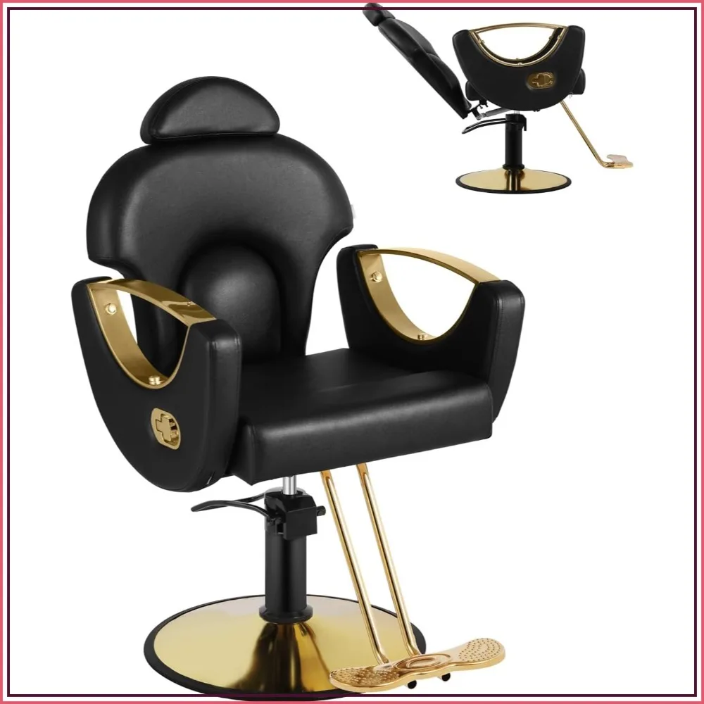 Salon Barber Chair Reclining Hair Stylist Chair Heavy Duty Hydraulic Pump 360 Swivel Black Gold