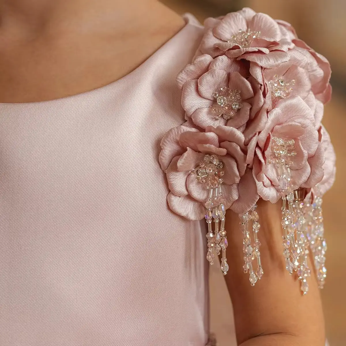 

MisShow Customized Flower Girl Dress - Sparkling Crystal & 3D Flower Shoulder, Pink Satin A-Line Gown for Wedding Ceremonie