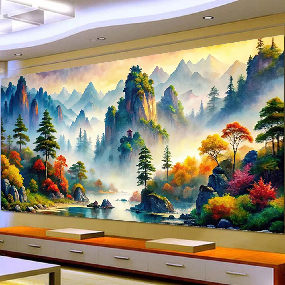 5D DIY Large Diamond Painting Cross Colorful Mountains Rivers Trees Landscape Wall Art, Full Round Drill, Embroidery Home Decor