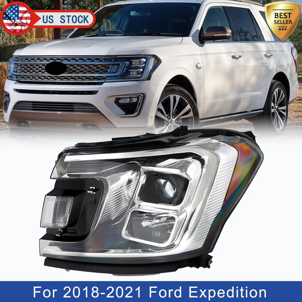 Left Driver Side Headlight Fits For Ford Expedition XLT Sport 4-Door 2018 2019 2020 2021 JL1Z13008J with Bulb Headlight Assembly