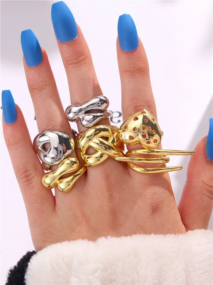 HUANZHI 2024 New Irregular Geometric Line Multi Element Gold Color Open Rings for Women Collection Couple Fashion Jewelry Gifts