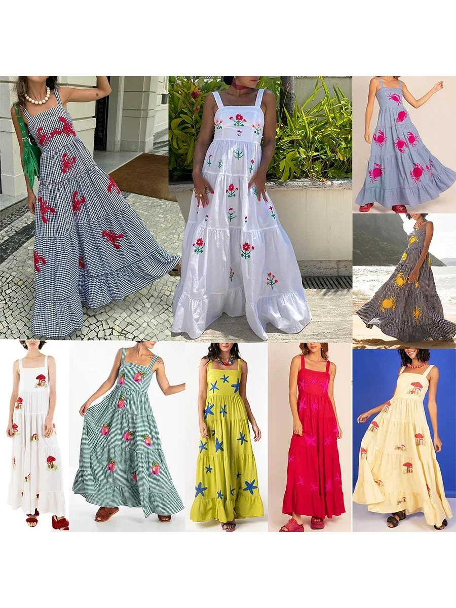 Vestido longo de praia feminino, sem mangas, gola quadrada, bordado, vestido em camadas, vestido maxi deslizante, nova moda