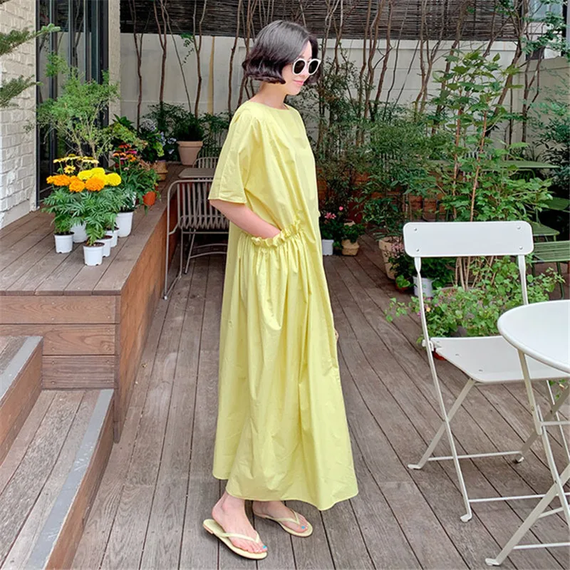 Johnature Summer New Korean Women Solid Color Loose Dresses 2024 Casual O-neck Short Sleeve Big Pockets Female Dress