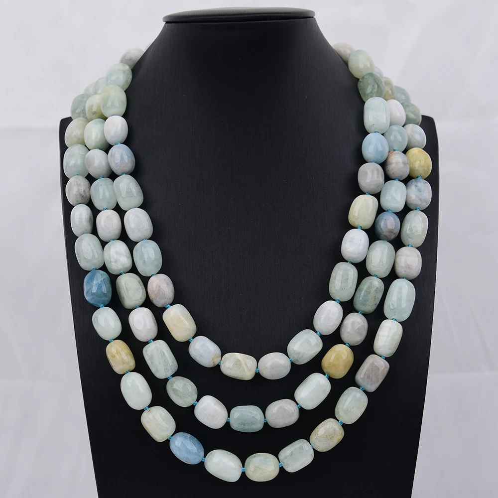 G-G 3 Rows Heavy Jewelry Natural Blue Aquamarine Gems Nugget Beads Necklace Big Black Sea Shell Clasp