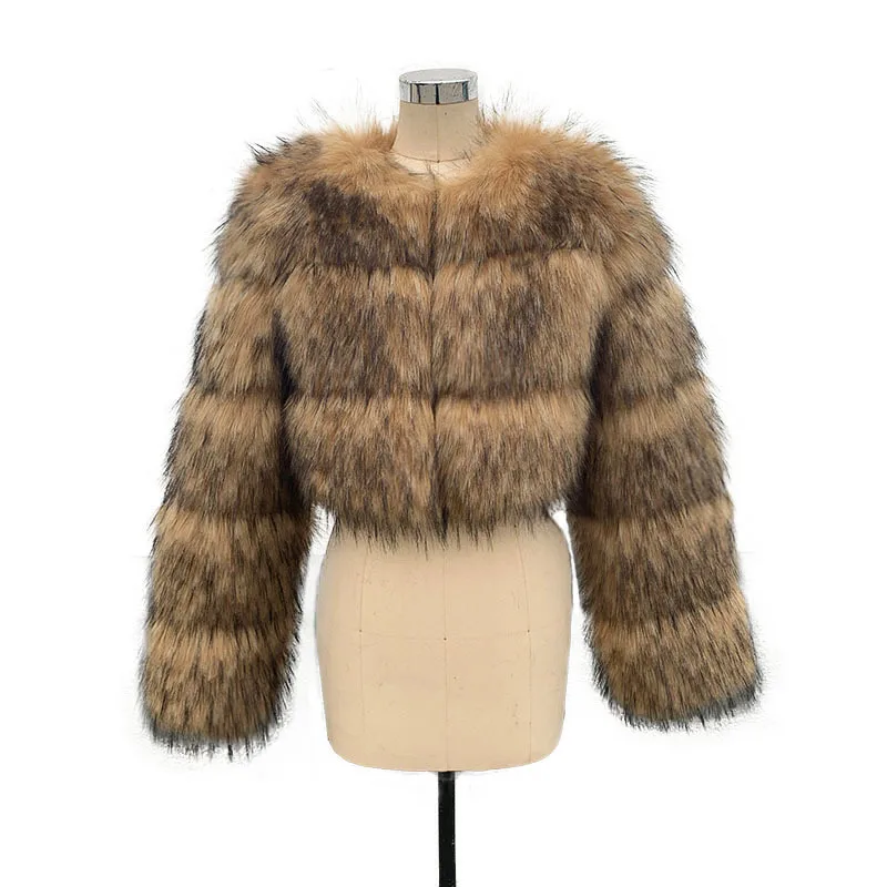 Abrigo de piel de mapache de invierno degradado para mujer, Chaqueta corta de piel Artificial con cuello redondo empalmado para mujer, abrigo de piel ecológica de estilo holgado para mujer