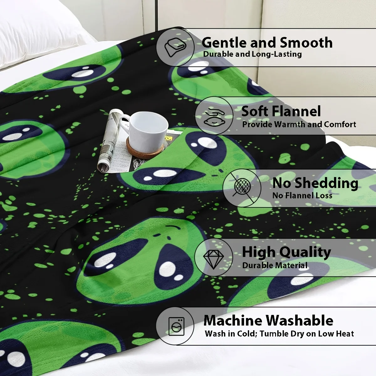 Contemporary Alien Head 3D Print Flannel Throw Blanket - Ultra-Soft Quilted Extra-Large Bedding, All-Season Comfort, Digital Pri