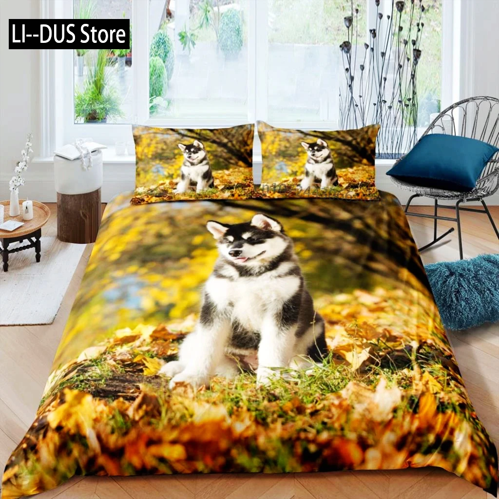 Husky Duvet Cover Puppy Pet Flower Floral Jungle Natural Scenery Cute Animal Bedding Set Polyester Double Queen King Quilt Cover
