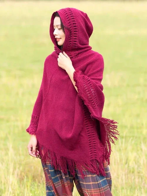 Spring Autumn New Women Winter Knit Hooded Poncho Cape Crochet Fringed Tassel Shawl Wrap Sweater Even Hat Girls Keep Warm Red