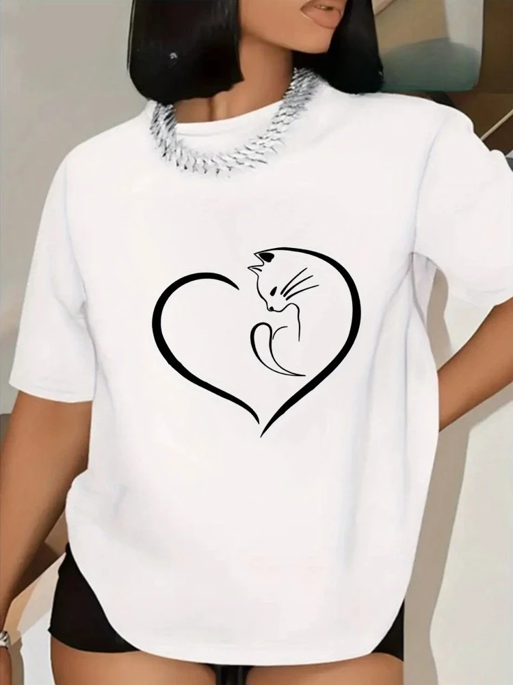Women's Pure Printed T-shirt Top with Heart-shaped Cat Personality Pattern Soft and Casual Round Neck Short Sleeved Shirt Y2K