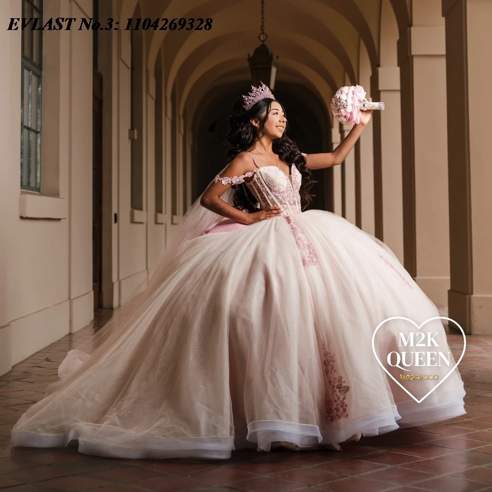 EVLAST personalizado brillante marfil vestido para quinceañeras vestido De baile apliques florales rebordear capa con lazo dulce 16 Vestidos De 15 Anos E3Q144