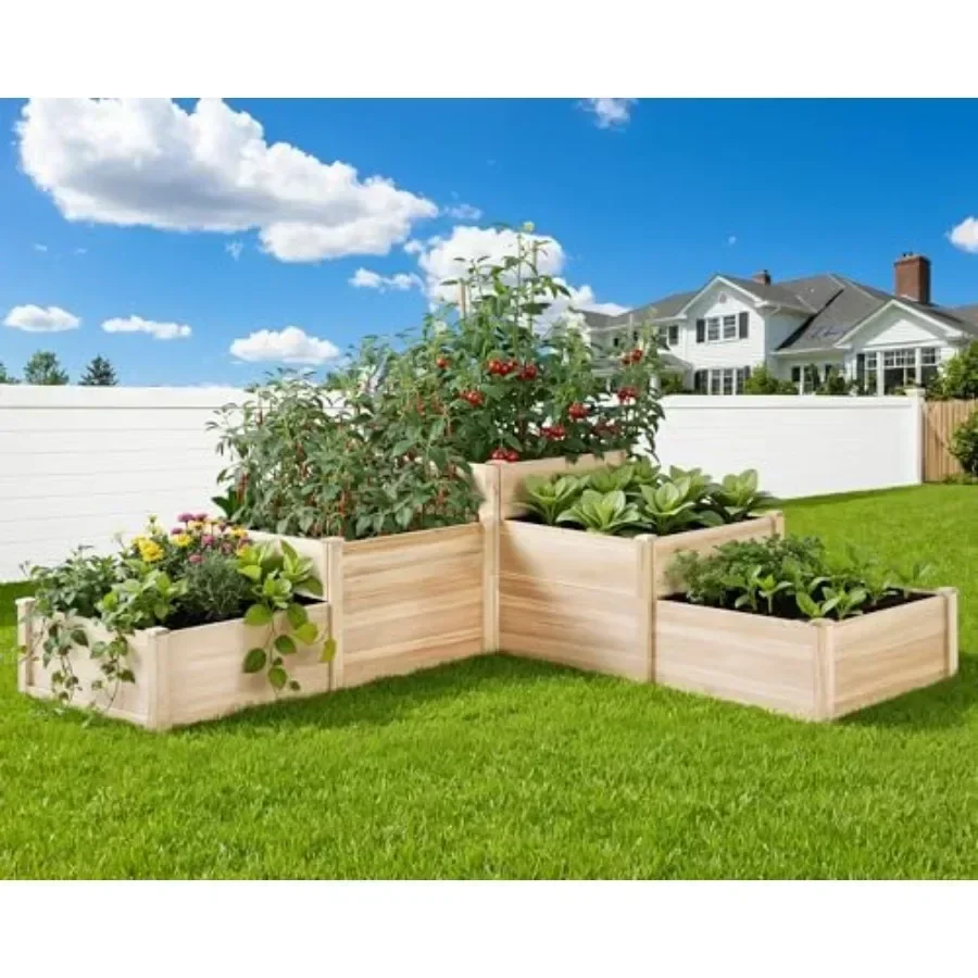 Raised Garden Bed 3-Tier Outdoor Planter Box, Fir Wood with Dividers, Shape Adjustable, Tool-Free Assembly, Ideal for Growing V