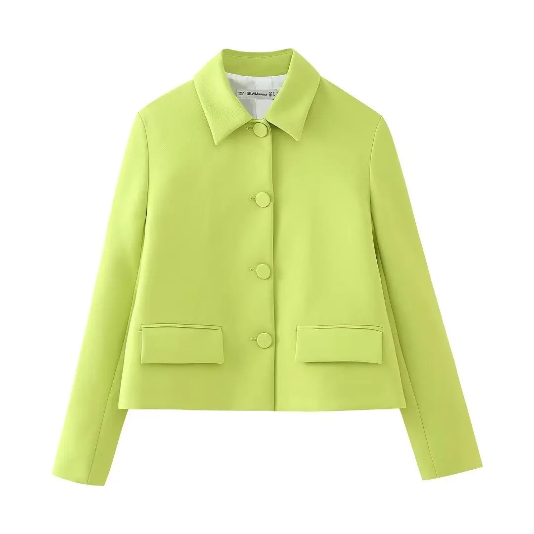 

TRAFZA 2024 Women Spring Summer Casual Solid Jackets Turn-down Collar Single Breasted Coats Short Jacket Green Women Outwears
