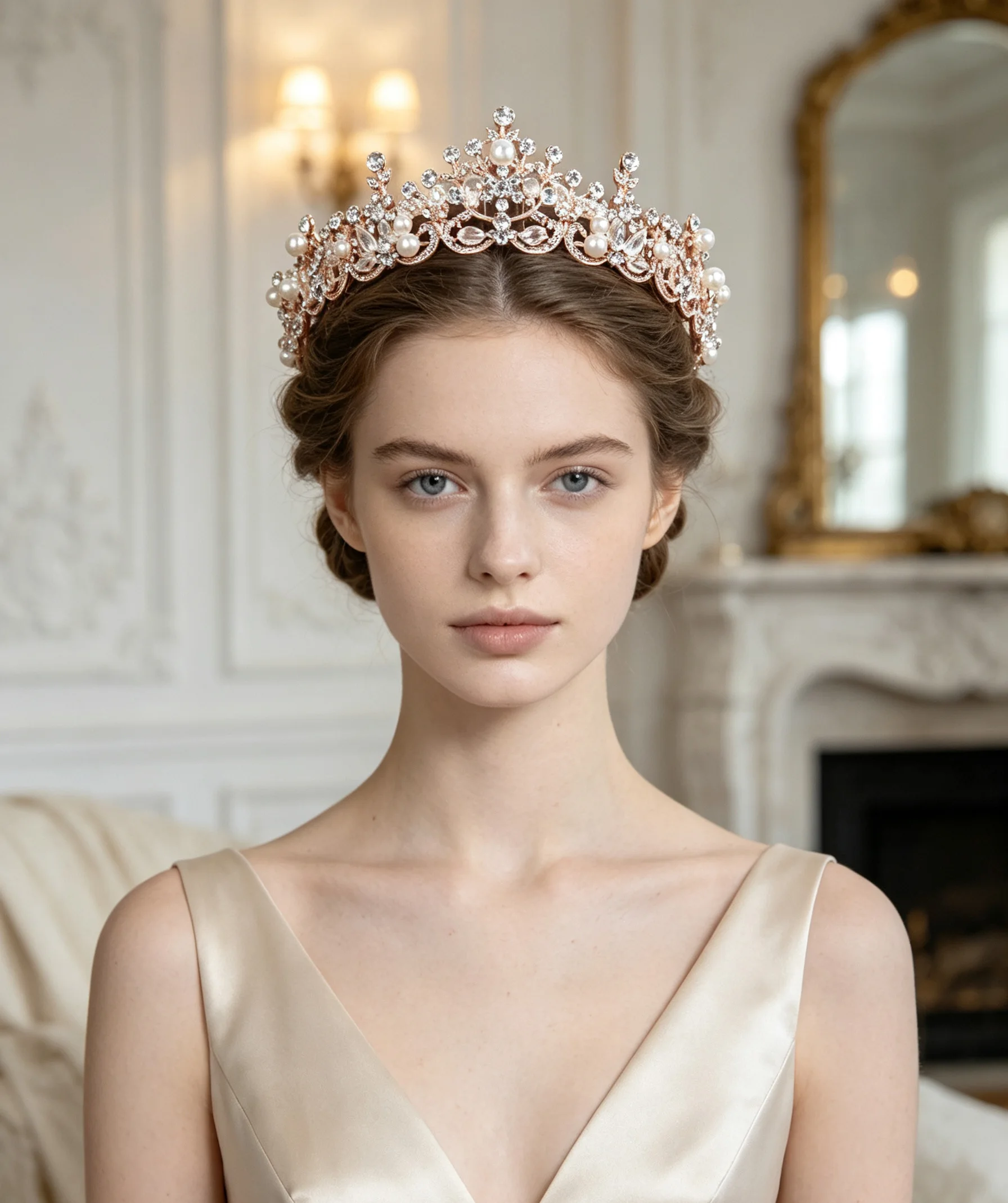 1 Piece of Bohemian Retro Pearl Crown with Staggered Floral and Leaf-Shaped Rhinestones, High-End Atmosphere-Enhancing Bridal Headpiece