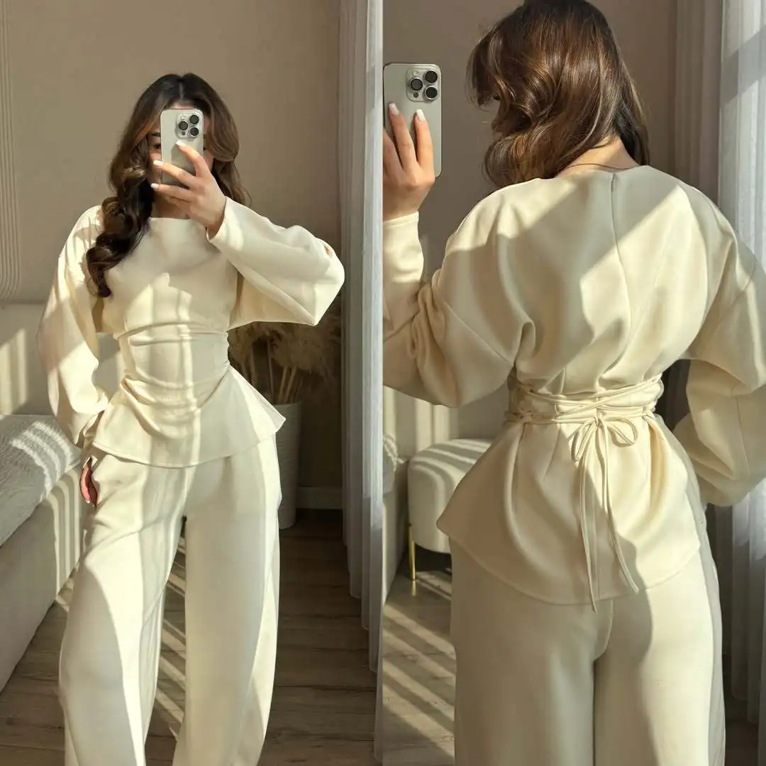 

Casual round Neck Long Sleeve Slim Fit Top And Pants Set Fashionable High Waist Wide Leg Pants Spring Season Women's Wear