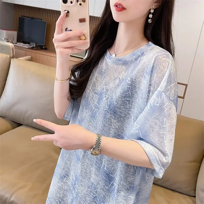 

Light Blue Loose T-Shirt with Letter Print Casual Short Sleeve Top for Women Summer Daily Wear Comfortable Breathable Fabric