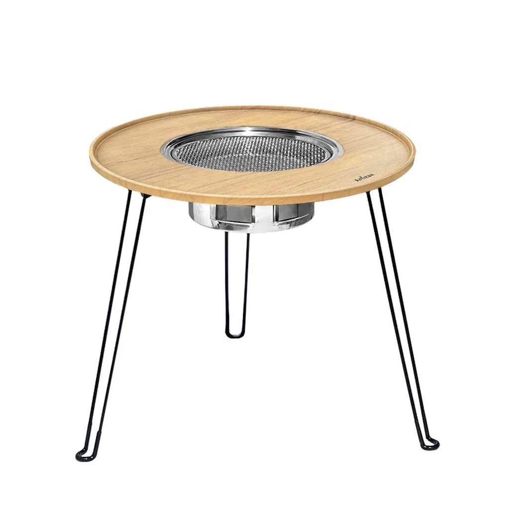 hx-Custom Modern 3 Leg Folding Metal Fire Pit Table 61cm Wood Grain Heat Transfer Powder Coated Outdoor Camping Stainless Steel