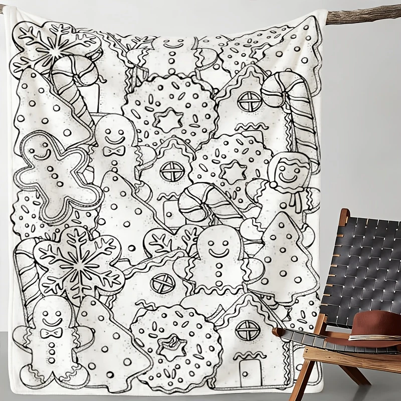 Black and White Line Draft Gingerbread Man Christmas Element Print Flannel Blanket Soft Sofa Cover Blanket Bedroom Nap Blanket - view 4