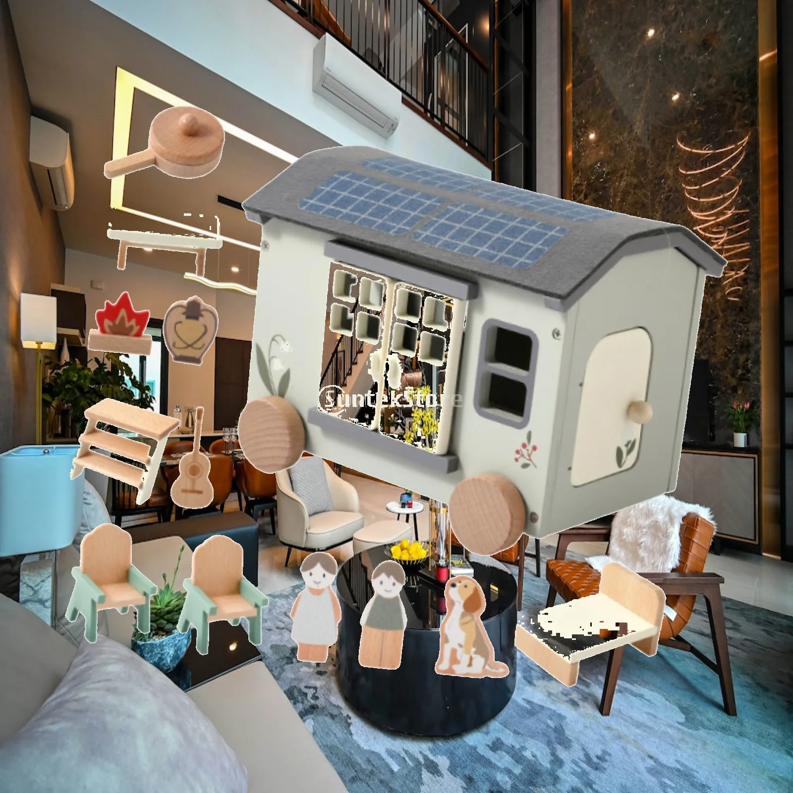 Wooden RV Toy with Furniture RV Truck Toy Learning Toy Simulation RV