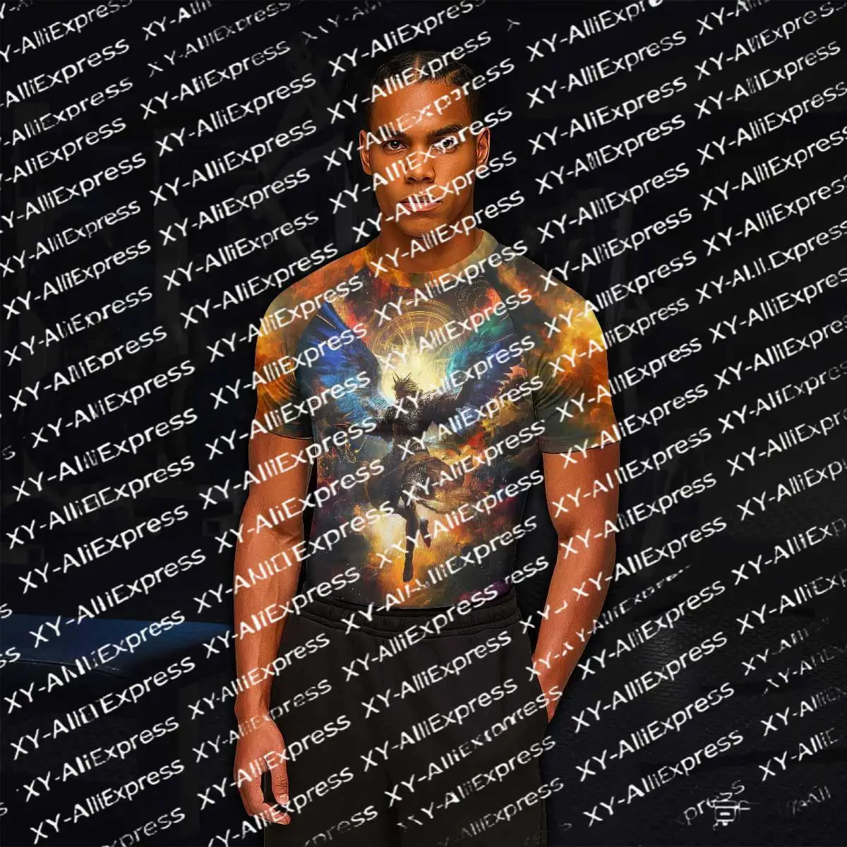 Epic Fantasy Winged Warrior Tight Anti-Chafe Shirt, Sky Cloud Oil Painting Print Short Sleeve Fitness MMA Quick-Dry Training Top
