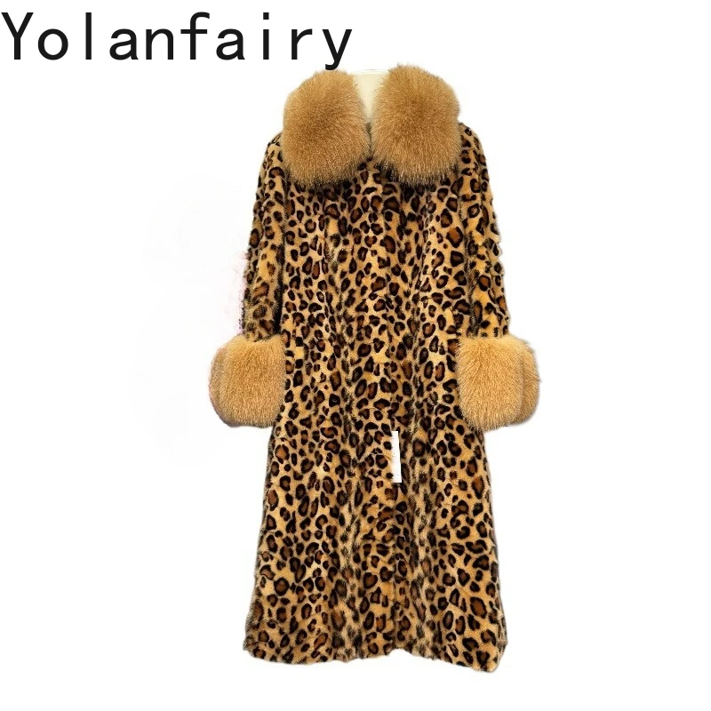 

YOLANFAIRY Real Mink Fur Coat Woman Winter Fashion Leopard Fur Jacket Coats Fox Fur Collar Long Outerwears Chaquetas Para Mujer
