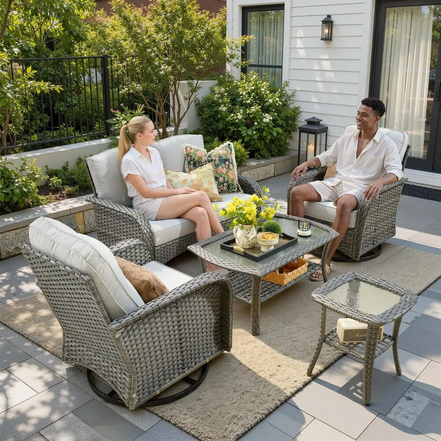 5-Piece Patio Sectional Furniture Set With 2 Rockers & 4 Seats, Outdoor Wicker Rattan Sofa, Customized
