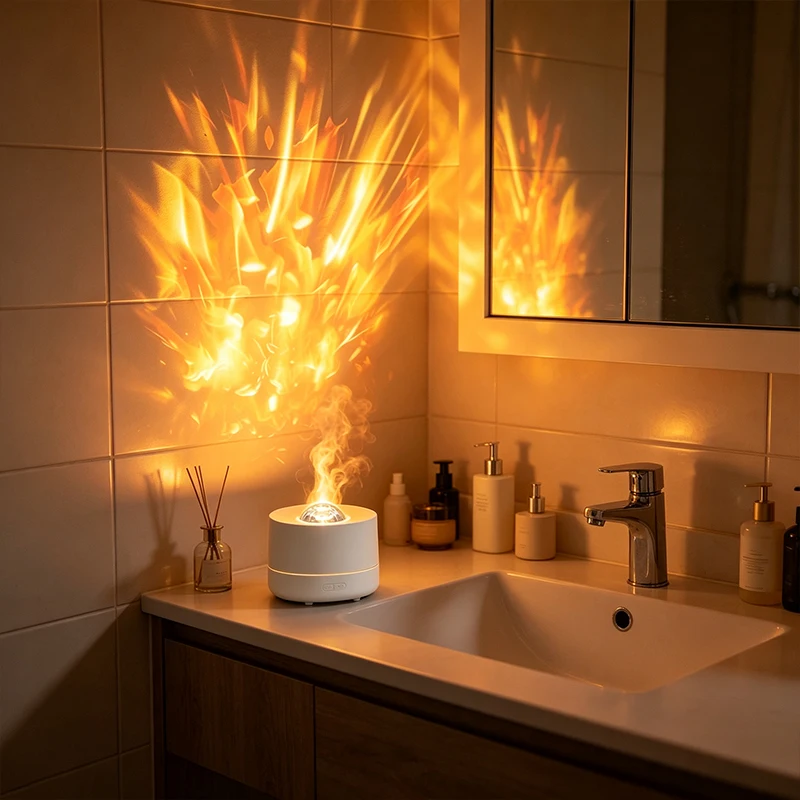 Flame Projection Aromatherapy Water Wave Projector Night Light Essential Oil Diffuser with Auto‑Off Protection Unique Gift