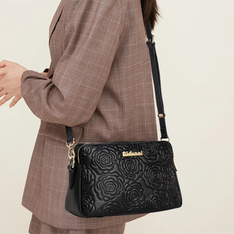 

Genuine Cowhide Embossed Rose Crossbody Bag Adjustable Strap Multi Pocket Ladies Shoulder Bag Daily Work Shopping Travel