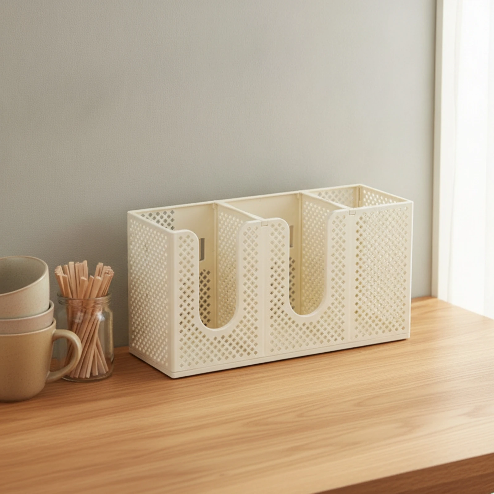 Cup Holder with Straw Organizer 3-Compartment Cup and Lid Organizer Straw Holder with Divider Wall-Mounted Storage Rack