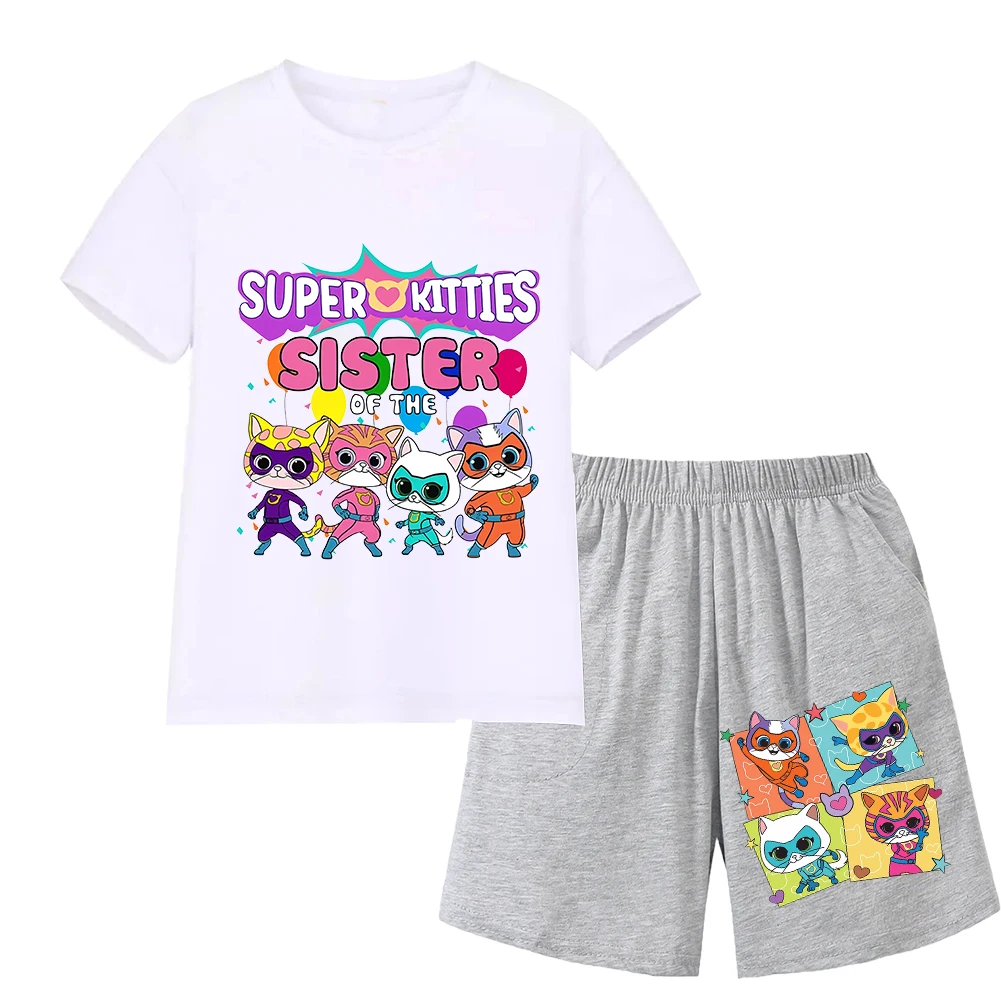 Anime Super Cat Costumes Kids Superkitties Clothes Toddler Boys Summer Outfits Baby Grils Short Sleeve Tshirt + Shorts 2pcs Set