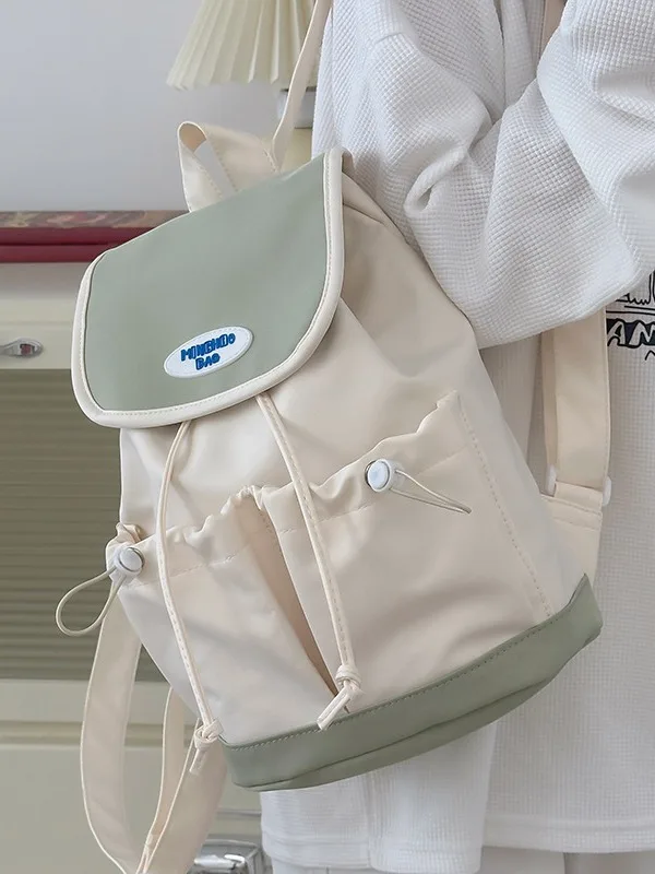 Color Block Drawstring Flap Backpack For College Students Large Capacity Lightweight Casual School Bag Daily Commute Rucksack