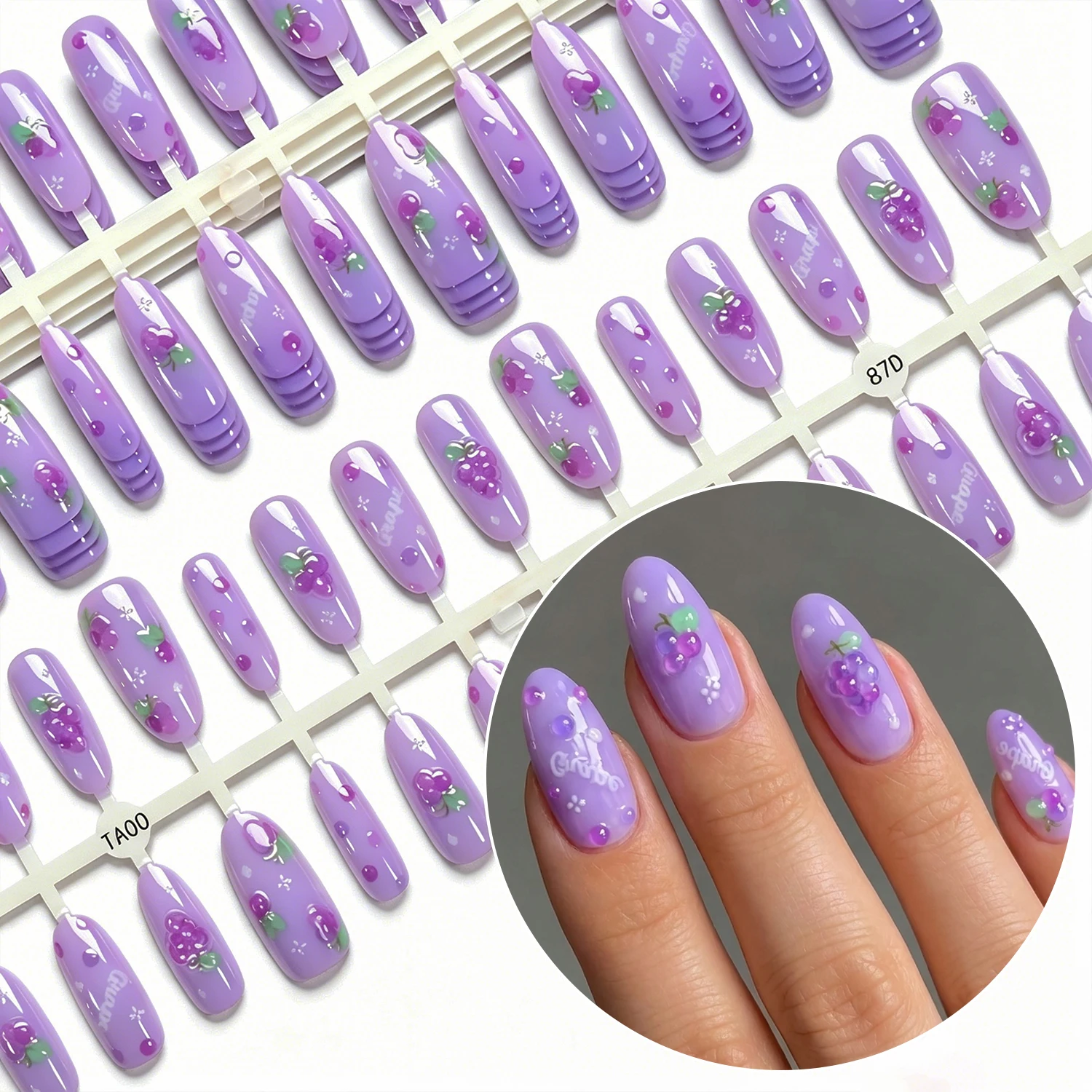 150Pcs Purple Grape Medium Oval Press On Nails Almond Shaped Full Cover Fake Nail Summer Fruits Wearable False Fingernails Tips view 2