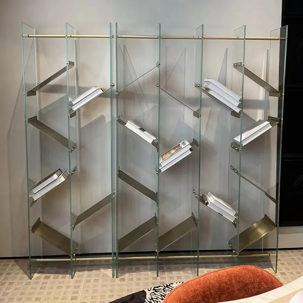 

Customized Project Home Simple Design Decoration Stainless Steel Structure Tempered Glass Open Storage Bookshelf