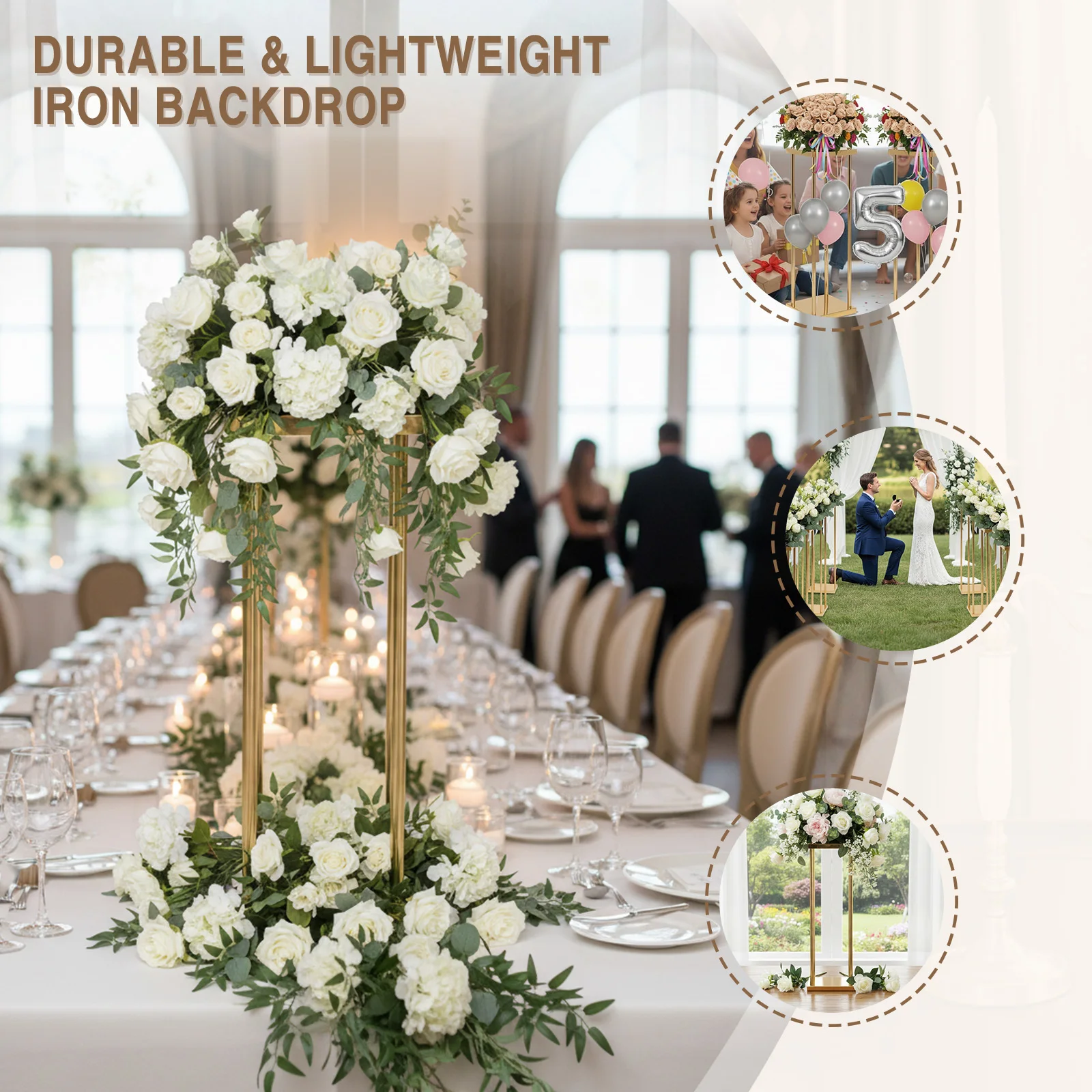 

10 Pcs Gold Floor Metal Column with Plates Gold Wedding Cenerpiece Flower Vase 23.62x7.87x7.87in for Party Events Table Decor