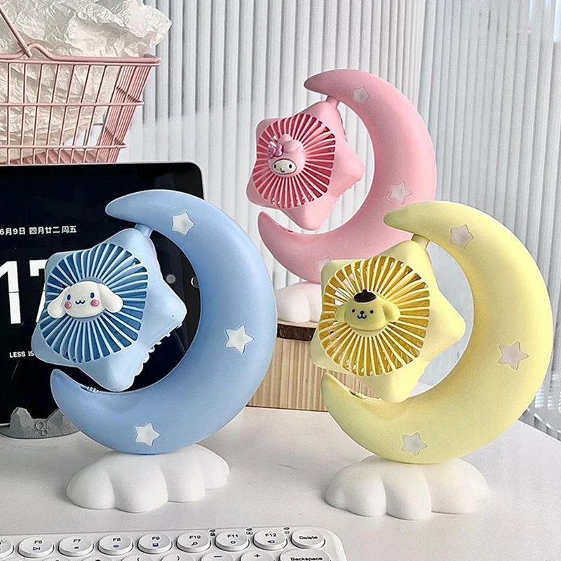 

Cartoon Sanrio Cinnamoroll Fan Anime My Melody Desktop Adjustable Fan Summer Moon Night Light USB Charging Decoration Fan