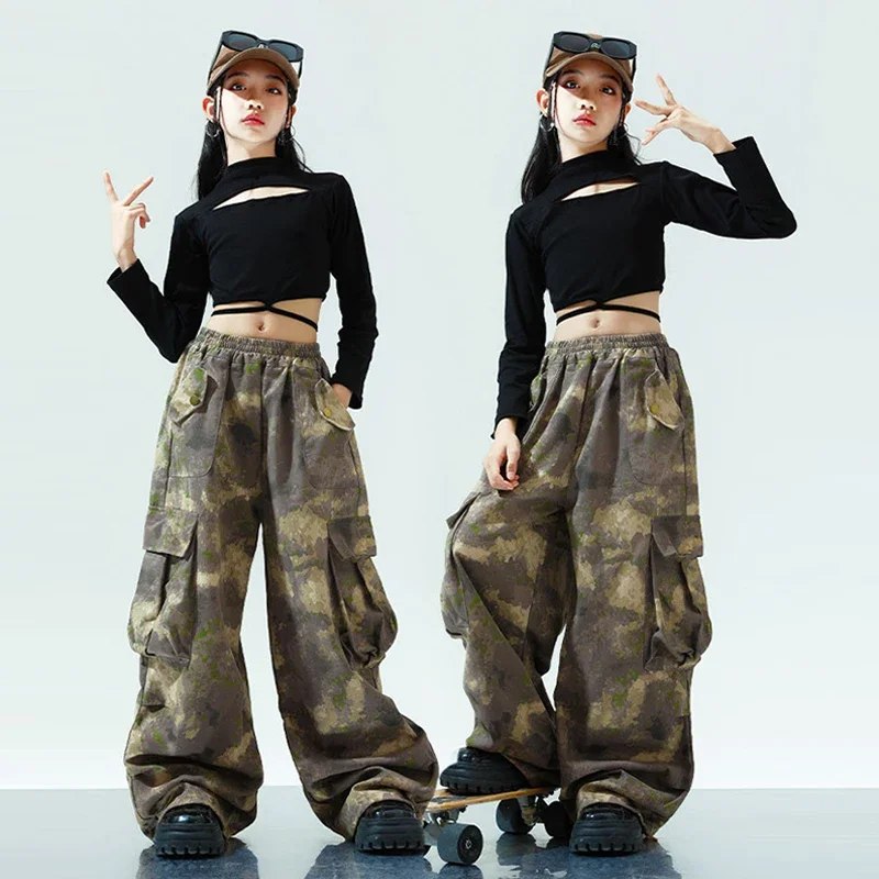 

Girls Kpop Hip Hop Clothing Kids Jazz Dance Costume Children Fashion Clothes Black Crop Tops Camouflage Pants Streetwear
