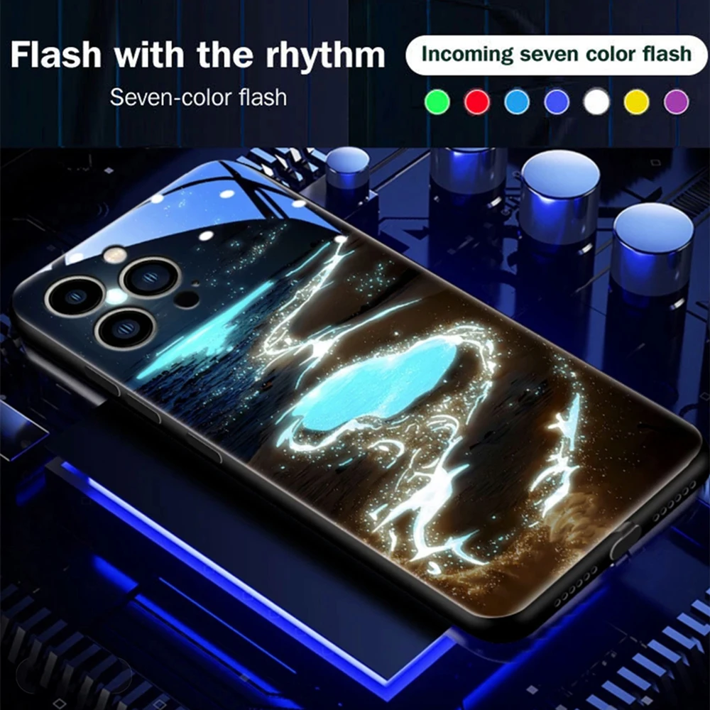 

Luminous Lucky Beach Smart LED Light Glow Tempered Glass Phone Case For iPhone 16 E 15 14 13 12 11 Pro Max XR XS Plus