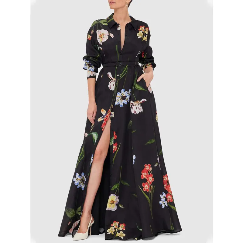 

[Vibe] Fashion Women's Elegant Shirt Dress Single Breasted Large Swing Black Printed Dresses 2025 Female New Clothing