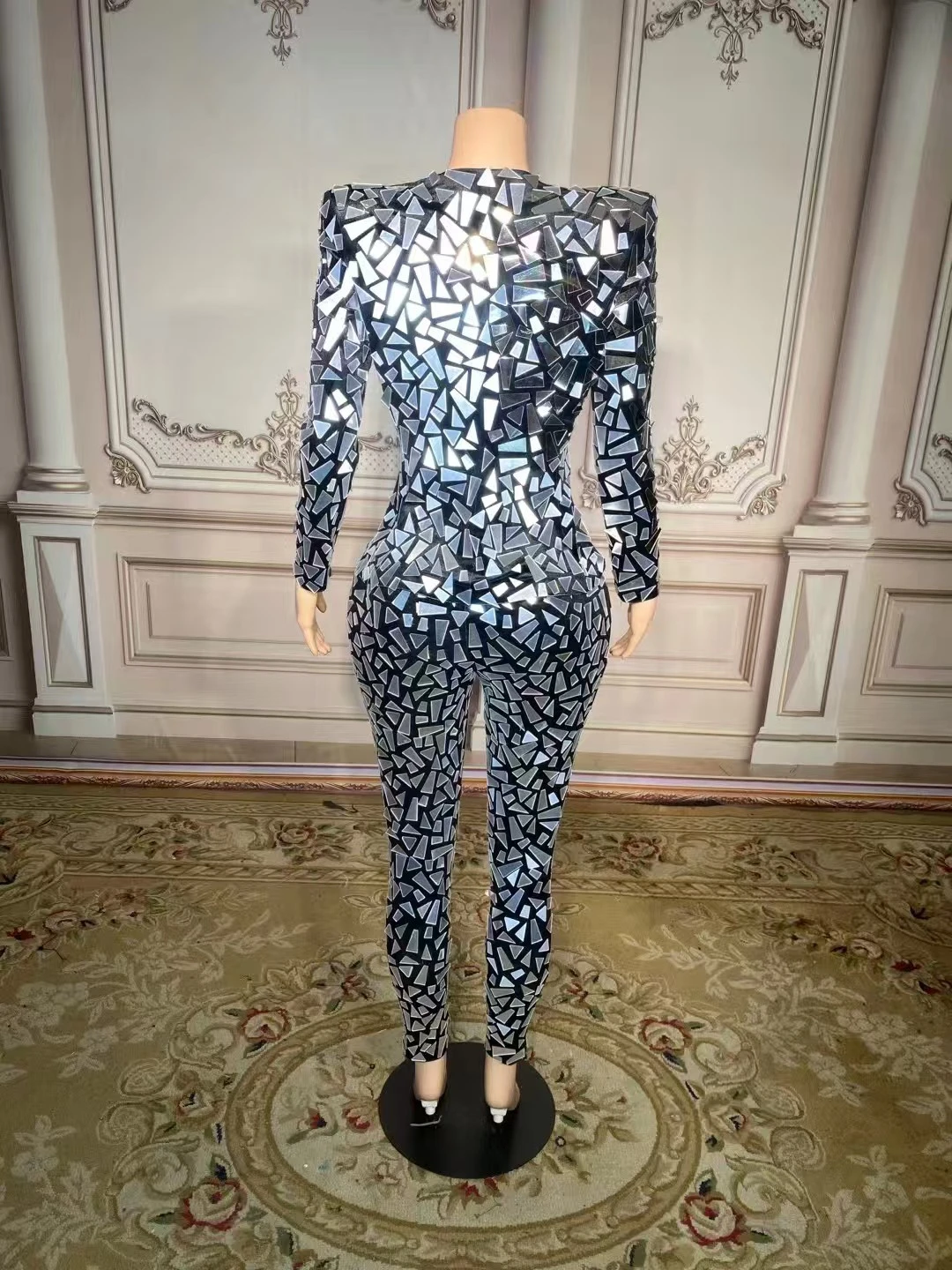 Flashing Full Mirrors Long Sleeves Transparent Jumpsuit Birthday Costume Evening Women Dance Bodysuit