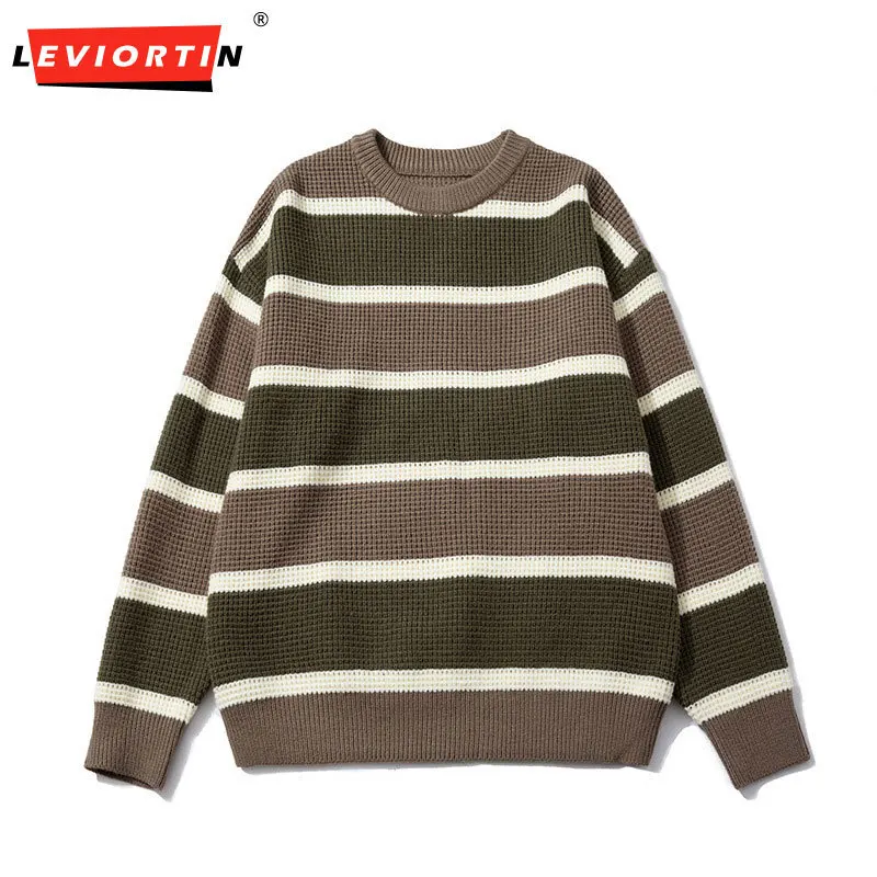 2024 New high-end retro contrasting lazy striped sweater for autumn and winter, men's loose casual round neck warm knit sweater