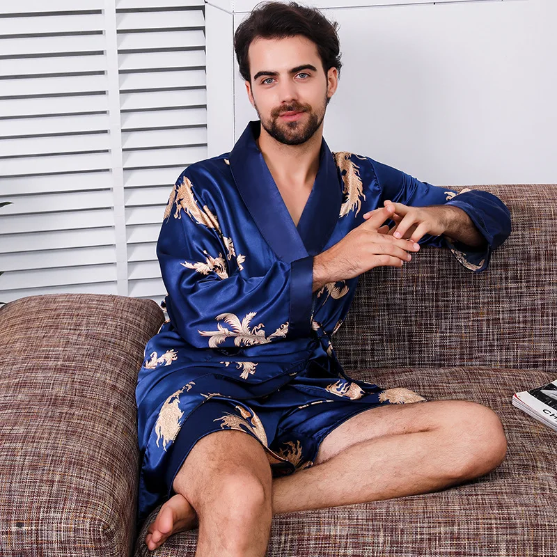 Men Blue Dragon Print Bathrobe Sleepwear Robe And Shorts Set Spring Summer Sleepwear Nightwear Loose Satin Home Wear