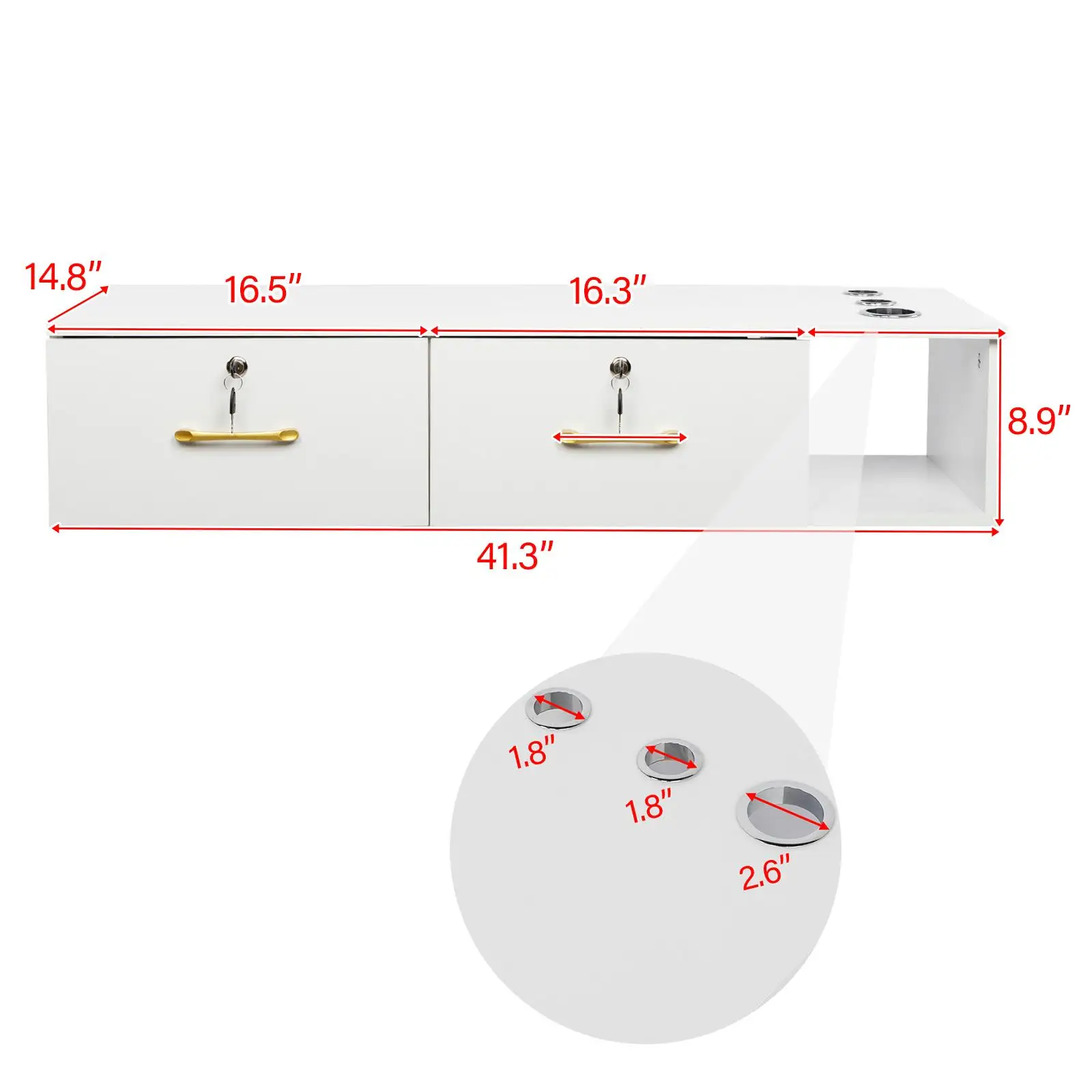 White Salon Cabinet with 15cm E0 Chipboard, Pitted Surface, 2 Drawers, 3 Holes & Lock