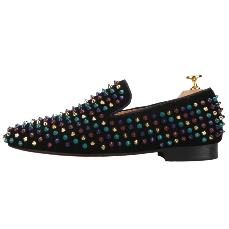Piergitar Punk Style Black Suede With Handmade Mixed Colors Spikes Men Loafers CL Brand Same Model Red Outsole Smoking Slippers