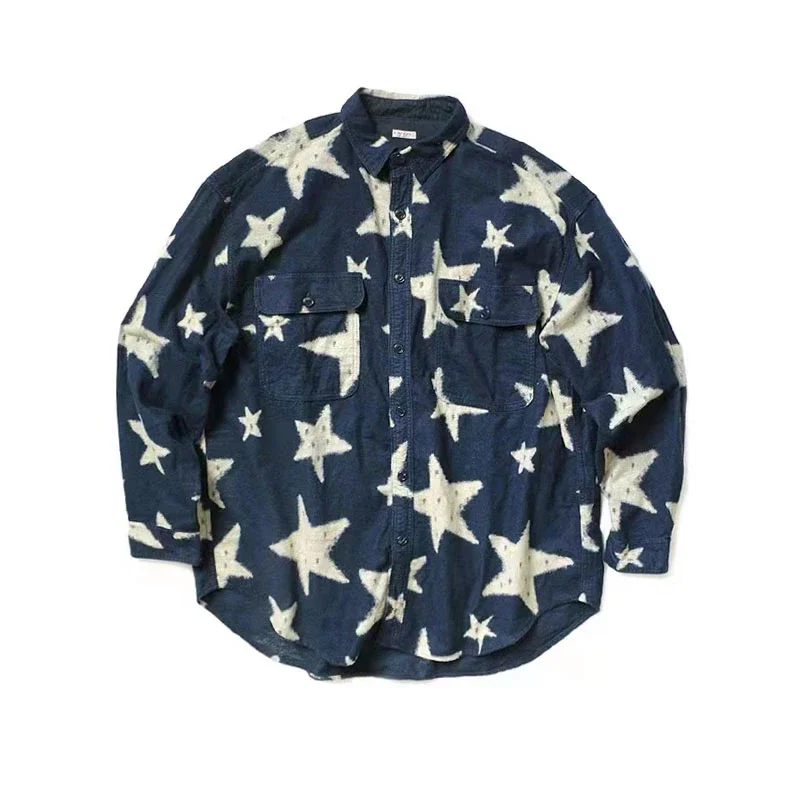 

22SS KAPITAL Hirata Hiroshi Japan Trend Batik Wash Pleated Loose Long Sleeve Navy Star Printing for Men Shirt