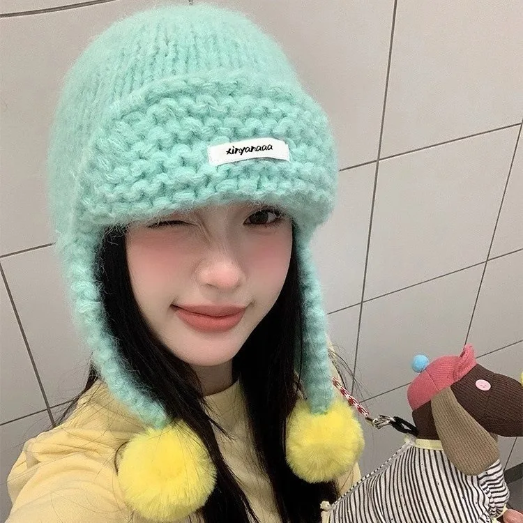 

Trendy Autumu Winter Women Knitted Cap Fluffy Pom-pom Sweet Warm Beanie Hats Versatile Y2k Ear Protection Caps Female