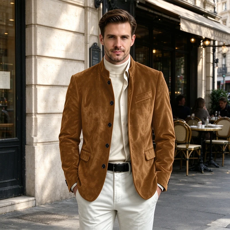 Vintage Men Velvet Blazer Stand Collar 5 Buttons Slim Fit Suit Jacket Casual Business Warm Coat For Wedding Party Autumn Winter