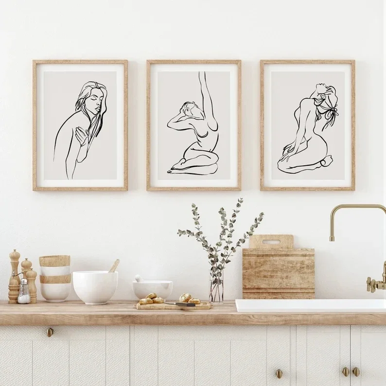 خط واحد الحديثة فتاة عارية صورة ظلية خط الشكل رسم قماش اللوحة الحد الأدنى امرأة خط الفن بوهو ديكور المنزل #4